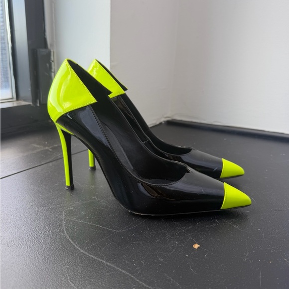 Giuseppe Zanotti Shoes - Giuseppe Zanotti Black and Neon Yellow Patent Pointed-Toe Stiletto Pumps